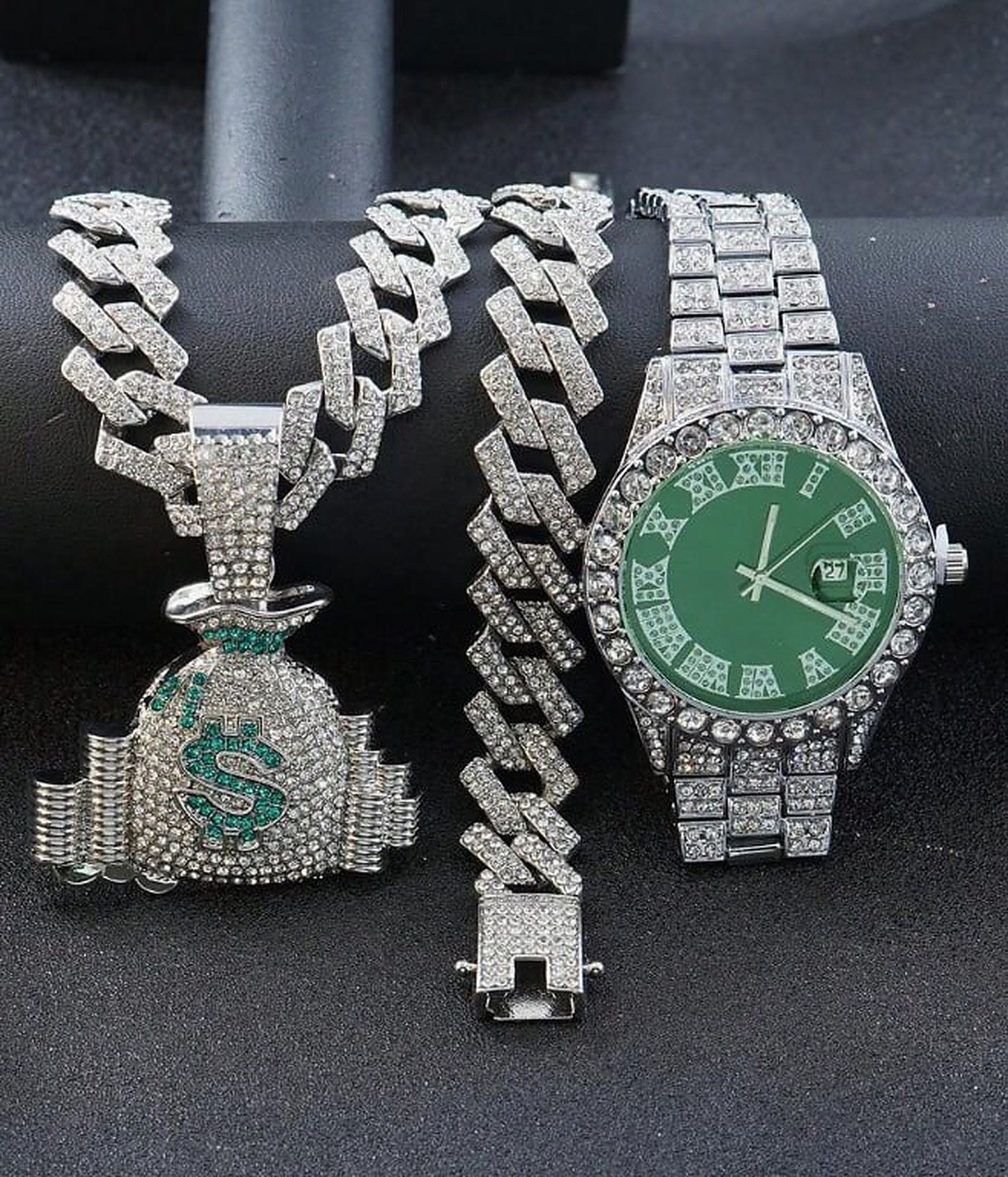 Set cubano plata: cadena, reloj y dije
